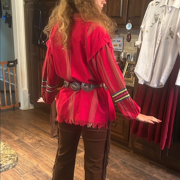 Vintage Tex Mex Red Embroidered Tunic with Fabric Belt Sz M - Picture 2 of 8